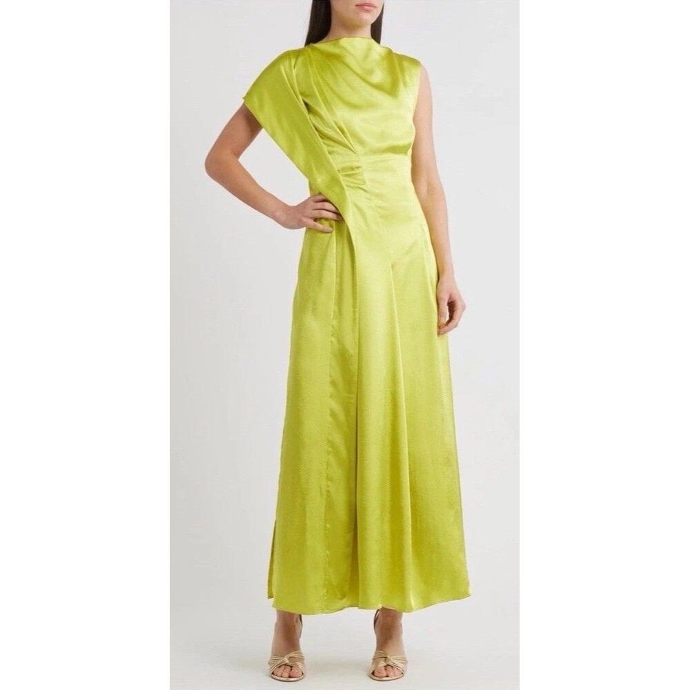 NWT Acler Aroba One-Shoulder Crinkle Satin Gown Lime-Green Size 4